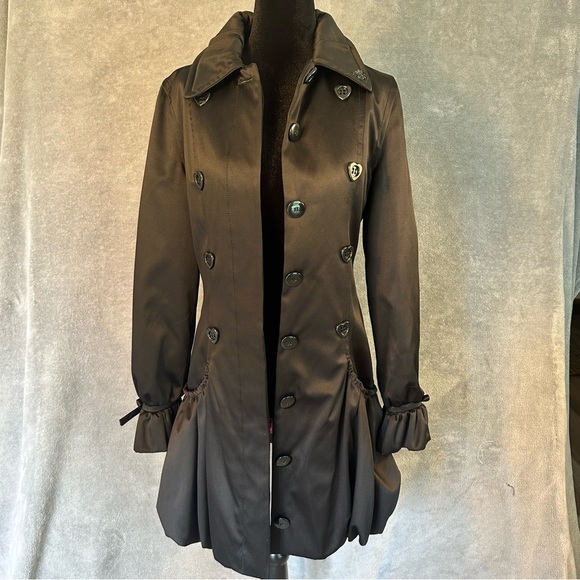 Betsey Johnson VTG Double-breasted Heart Buttons Ruffles Whimsical Black Coat S - Picture 1 of 15
